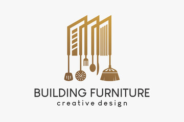 Logo of household utensils or furniture, brooms and cutlery, frying utensils combined with buildings in a creative concept