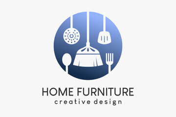 Home utensils or furniture logos, silhouettes of brooms and cutlery, frying utensils in dots
