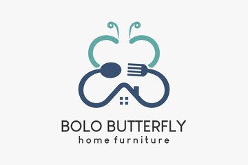 A logo for household appliances or furniture, a broom, a spoon and fork icon combined with a butterfly-shaped house icon - obrazy, fototapety, plakaty