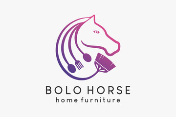 Logo of household utensils or furniture, brooms, cutlery and frying utensils combined with a horse's head in a creative concept