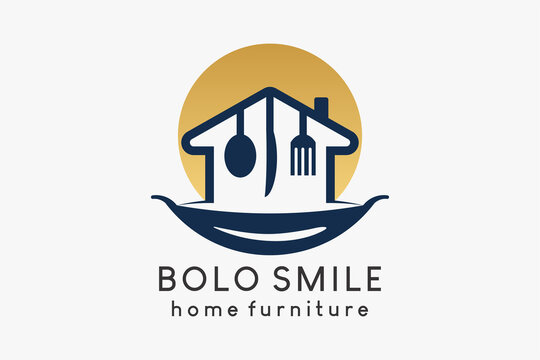 A logo for household appliances or furniture, a broom, a cutlery icon in a home icon combined with a frying pan icon in a smiling concept