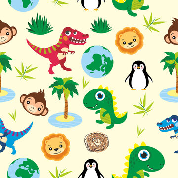 Vector illustration Pattern dinosaur, monkey, lion, tumbleweed, desert, bush, penguin