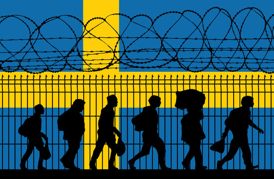 Flag Of Sweden - Refugees Near Barbed Wire Fence. Migrants Migrates To Other Countries.