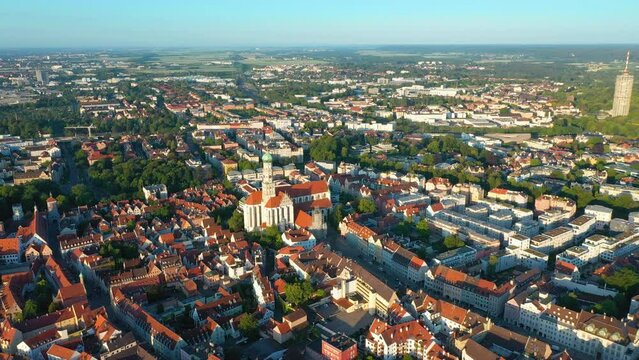 Top view of the city center of Augsburg. St. Ulrich Church.