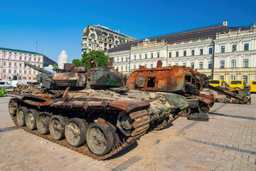 Captured russian tank and self-propelled artillery destroyed during Russian invasion of Ukraine in 2022. Kyiv, Ukraine