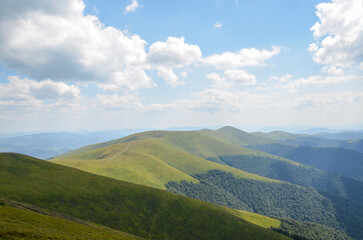 Fototapeta na wymiar Summer landscape with green grassy slopes on the mountain ridge. Carpathian Mountains. Hiking and tourism concept