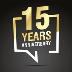 15 Years Anniversary celebrating, gold white speech bubble, logo, icon on black background