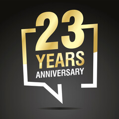23 Years Anniversary celebrating, gold white speech bubble, logo, icon on black background