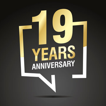 19 Years Anniversary celebrating, gold white speech bubble, logo, icon on black background