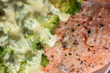 full frame food background of baked salmon with broccoli and hollandaise sauce 