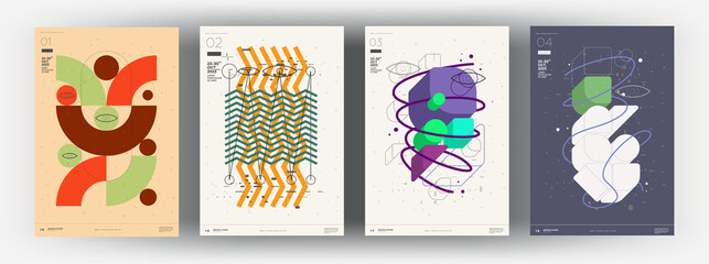 Abstract posters. Vector trendy illustrations of geometric shapes. Memphis and Bauhaus style designs. Modern paintings for interior.