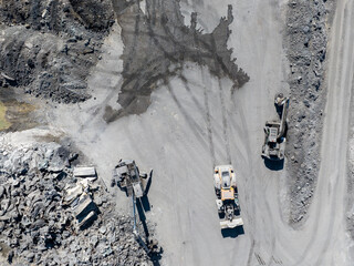 Mining Quarry with Special Heavy Equipment Open Pit Excavation. Dolomite Mine. View From Above....