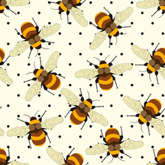 Seamless pattern with bees on white polka dots background. Small wasp. Vector illustration. Adorable cartoon character. Template design for invitation, cards, textile, fabric. Doodle style