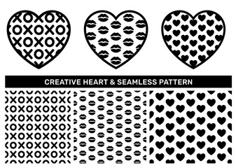Set of shape heart with love texture and black valentine seamless pattern. Creative romantic icon vector design element and seamless texture swatch for decorative textile print design