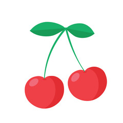 Two juicy red cherries isolated on white background. Healthy food concept. Vector illustration