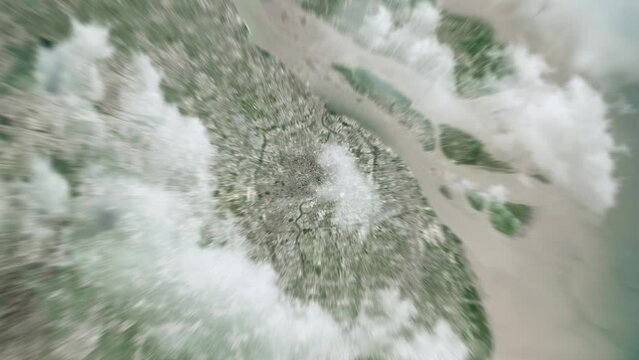 Zooming on Shanghai, China. Earth zoom in from outer space to city. The animation continues by zoom out through clouds and atmosphere into space. View of the Earth at night. Images from NASA. 4K