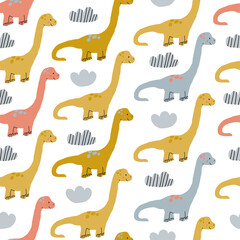 Cute vector pattern with baby dinosaurs, clouds on white background. Dino pattern for kids
