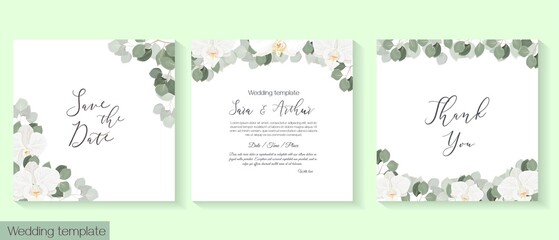 Fototapeta na wymiar Vector floral template for wedding invitation. Delicate white orchids, juicy green eucalyptus, polygonal gold frame.