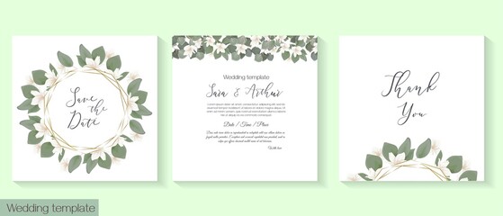 Vector template for wedding invitation. White magnolia, sakura, eucalyptus, green leaves and plants, round frame.