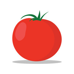 Cartoon red juicy tomato with green leaves. Healthy food concept. Flat design. Vector illustration.