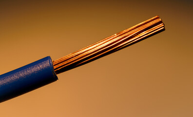 A naked copper wire with a blue insulation - macro photo. Background picture.