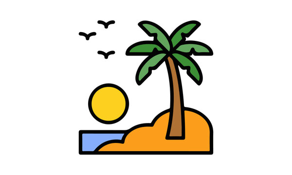 Palm Tree Sun-Sand and Birds Illustration Vector Image Isolated