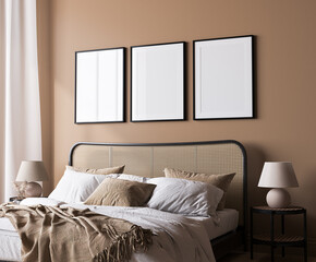 Bright bedroom mockup, rattan wooden bed in a beige background, poster frame mock up in a neutral colors room interior, 3d render