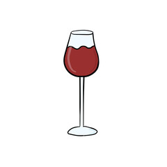 Cartoon wineglass with red wine hand drawn isolated on white background. Flat design. Vector illustration.