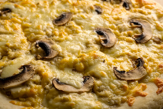 Fresh Italian Pizza With Cheese Sauce And Mushrooms. Pizza 5 Cheeses