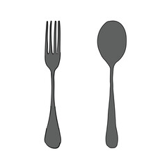 Cartoon set of metal fork and spoon hand drawn isolated on white background. Flat design. Vector illustration.