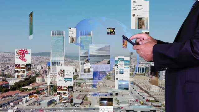 Mobile communication network concept. Man using a smart phone . High quality 4k footage