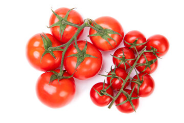 Organic red cherry tomato clusters of different size isolated on white