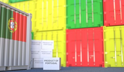 Box with PRODUCT OF PORTUGAL text and cargo containers. 3D rendering