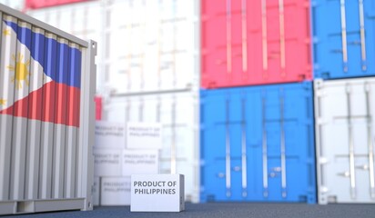Box with PRODUCT OF PHILIPPINES text and cargo containers. 3D rendering