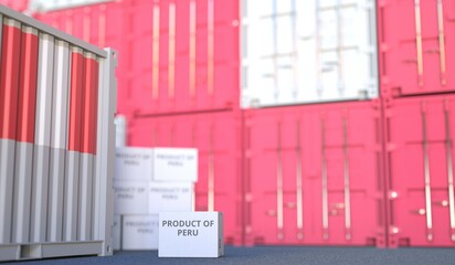 PRODUCT OF PERU text on the cardboard box and cargo terminal full of containers. 3D rendering