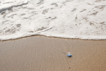 Fototapeta na wymiar a baby pacifier, Illustrate of plastic products in water at seaside, Lost abandoned baby pacifier lying on wet sand texture