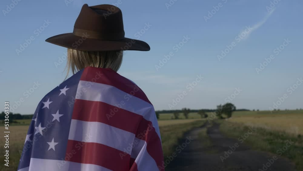 Sticker Woman in USA flag and hat on country road