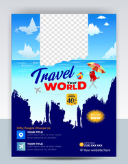 Naklejka na ściany i meble Modern company tours travel flyer design. Summer Holiday Tourism Brochure Template. Flyer Design Set with Beach View. tourism color a4 print ready tour flyer, Holiday Poster. World Adventure template