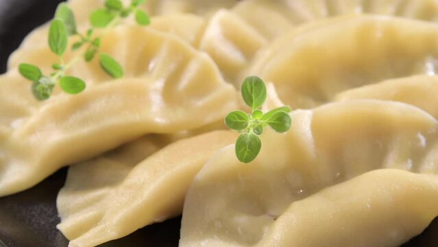 Dim sum. Homemade Chinese dumplings are served on a black plate. They eat with chopsticks. Oriental cuisine, light snacks for a traditional lunch. High quality 4k footage