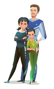 Man and woman and daughter in tracksuit. Got ready for sports activities. Cheerful person. Standing pose. Cartoon style. Single character. Illustration isolated on white background. Vector