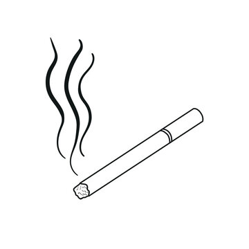 Hand drawn outline cigarette icon with smoke isolated on white background. Concept of unhealthy lifestyle. Flat design. Vector illustration.