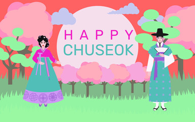 A couple of men and women wearing Hanbok on Chuseok, a traditional Korean holiday. Korean Thanksgiving Day. Autumn fields, rural landscape, hanbok family. Flat illustration with resizable.