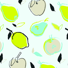 Apple, pear, lemon vector pattern. Green, yellow, black, grey, blue fruit, leaves. Citrus design.