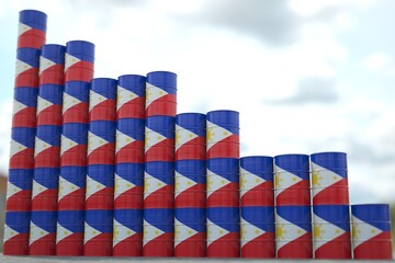 Fototapeta na wymiar Oil barrels with flag of the Philippines form downward trend. Petroleum industry problems concept, 3D rendering