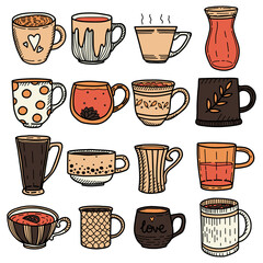 Collection of doodle cups in warm colors. Vector set of mugs isolation on white background