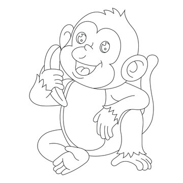 Cute little monkey coloring page for kids animal outline coloring book cartoon vector illustration
