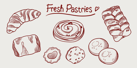 Fresh pastries, French bakery, maple pecans, croissants, muffins, cookies, Vector set in sketch style