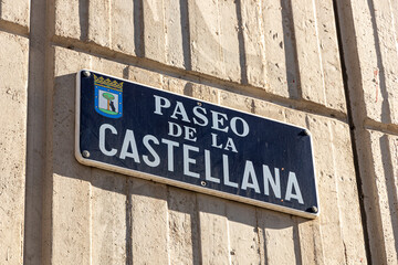 Madrid, Spain. Street sign at the Paseo de la Castellana, a major street and avenue in Madrid