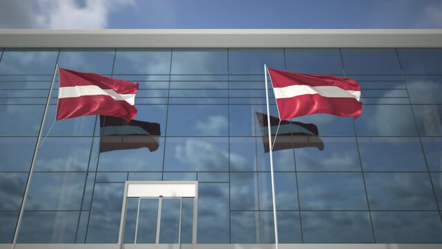 Waving flags of Latvia in the airport and taking off airplane. 3D animation