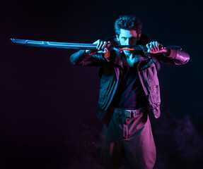 A guy in a cyberpunk image, holding a tuned katana in his hands. A young man in neon lighting on a...